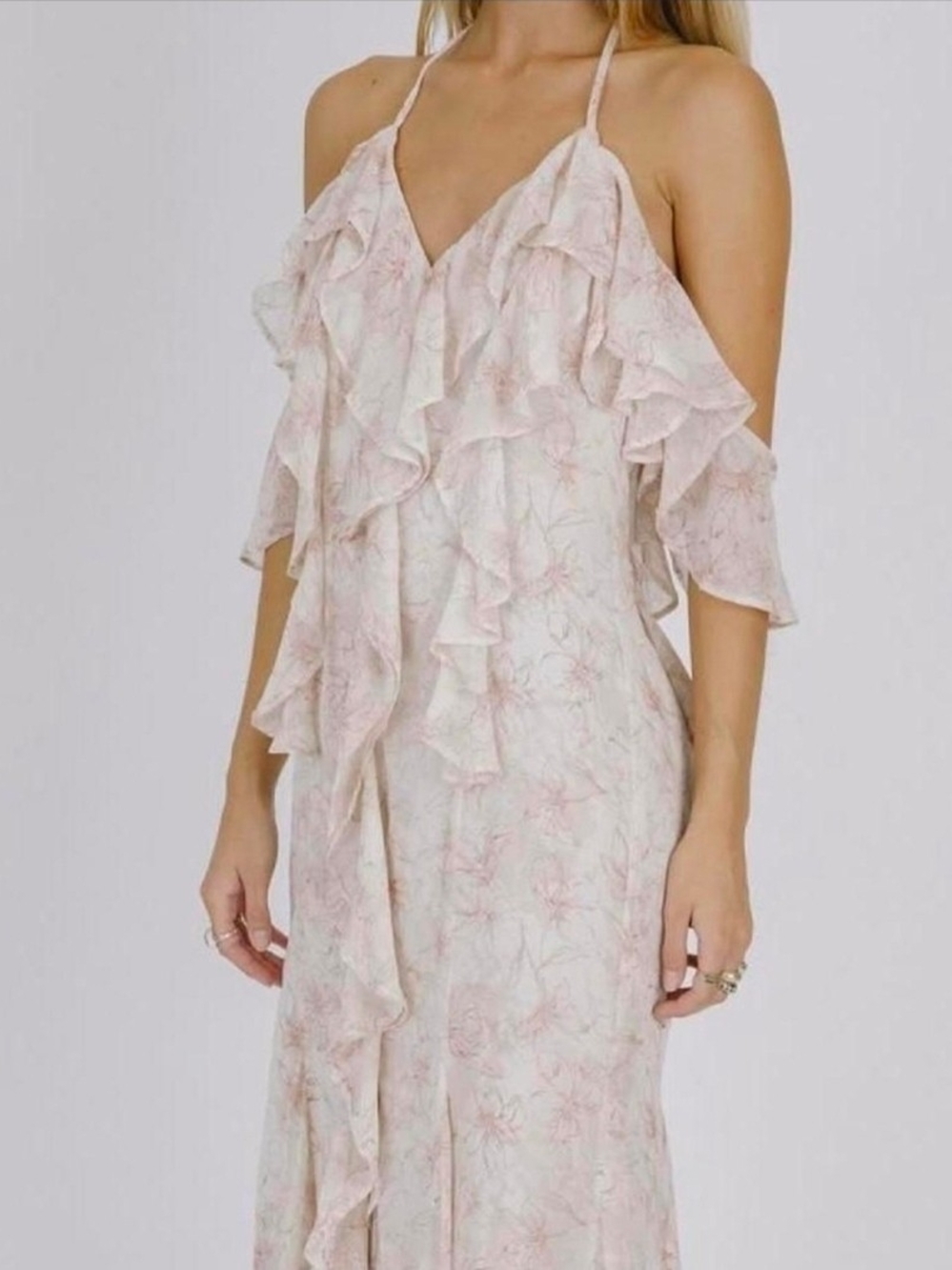 Storia Cream and Light Pink Floral One-Shoulder Ruffle Maxi Dress